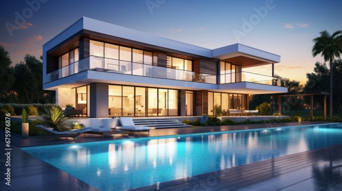 Realistic 3D rendering of a very modern upscale house with swimming pool photo