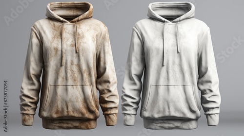 Modern hoodie before and after dry-cleaning on grey background