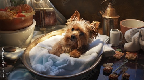 View from above of Yorkshire terrier and spitz laying at SPA procedures © HN Works