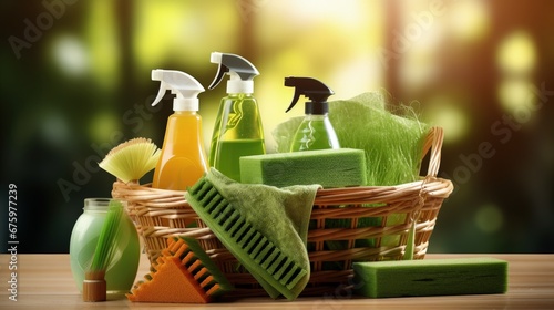 Eco-friendly and natural cleaning products in the basket. Brushes, sponges, rubber and gloves. photo