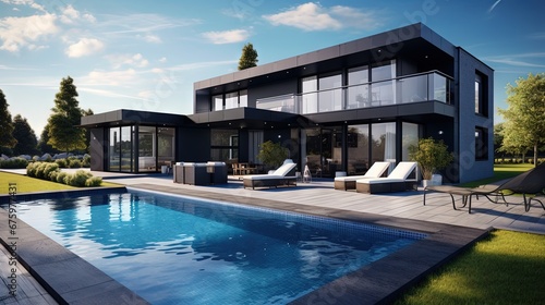 Modern Luxury House Minimalist Mansion Black Villa Large Architecture Home Exterior Building with Blue Sky and Black Stone Slab Garden with Pool 3d illustration render © HN Works