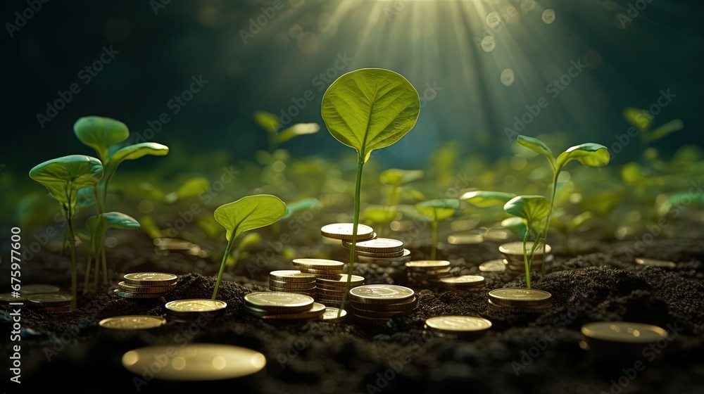 The ground plants grow on coins. The production of renewable energy is essential for the future. The green business that uses renewable energy can limit climate change. Environmental business. - obrazy, fototapety, plakaty 