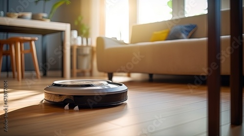 Robot vacuum cleaner performs automatic cleaning of the apartment at a certain time. Smart home