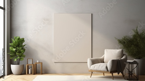 Canvas mockup in minimalist interior background with armchair and rustic decor, 3d render