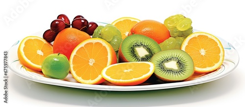 In the isolated and tranquil background of nature a white plate filled with a vibrant display of green and orange tropical fruits captures the essence of colorful and healthy eating tempting