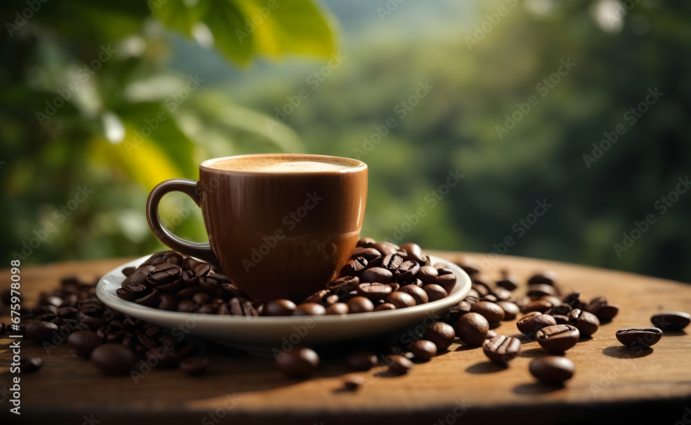 Hot traditional cup coffee with coffee bean Hot traditional cup coffee with coffee bean