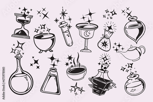Set magic elements. Glass bottles with magic potion and elixir vector
