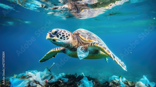 sea turtle in a dirty ocean  garbage  plastic bottles  water pollution  environmental problems  ecology  harm to animals  waste  nature in danger  eco-consciousness  global disaster  trash  shell  eco
