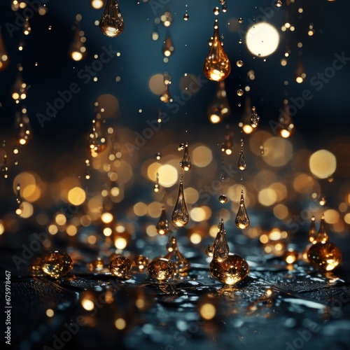 Drops of rain water splashing on leaves and a colorful liquid blur background with a luxury concept, good for use as backgrounds, luxury, blogs, decorations, blogs, etc. Generative AI concept