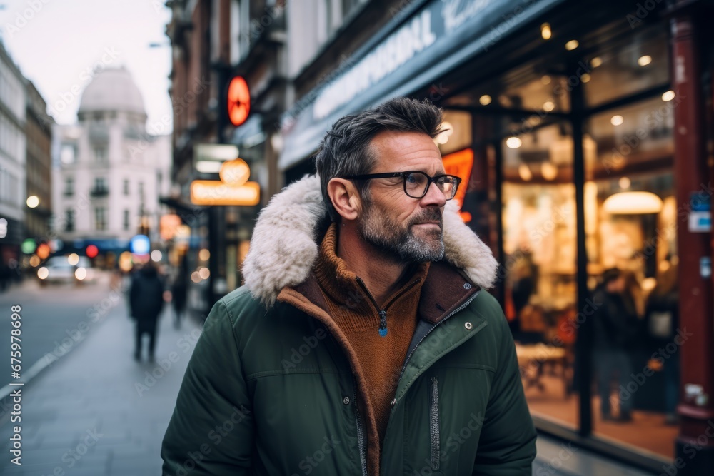 Handsome bearded man in glasses and winter jacket walking down the street in London. Handsome bearded man in glasses and winter jacket walking down the street in London.