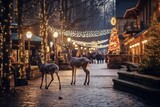 Tennessee Christmas: Festive Night Lights in Gatlinburg. Holiday Decorations Illuminate the City with Deer Silhouettes and Sparkling Christmas Lights.