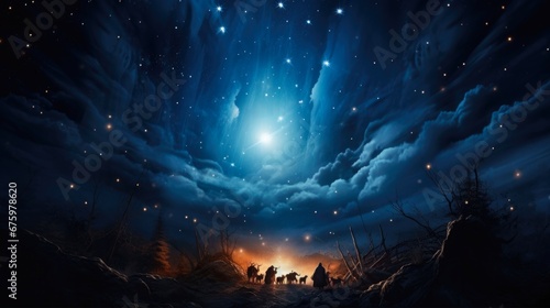 Nativity Sky: Celebrating the Birth of Jesus Christ in Bethlehem. A Beautiful Dark Blue Starry Sky with a Bright Star. photo