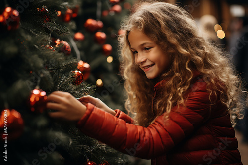 cute cheerful girl decorates a Christmas tree on the street near the house