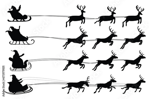 Vector Christmas black and white illustration with Santa Claus riding his sleigh pulled by reindeers photo