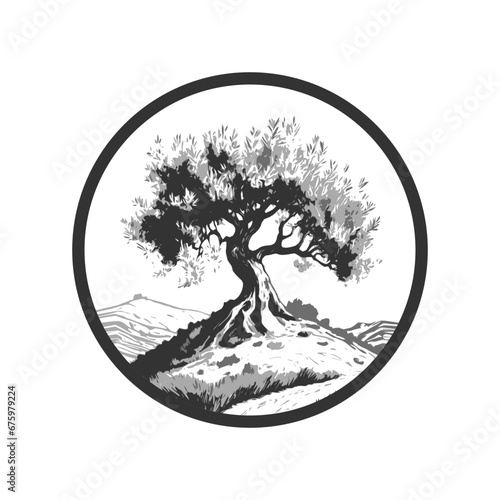 Artistic badge with an olive tree on a hill, mediterranean food style, label design