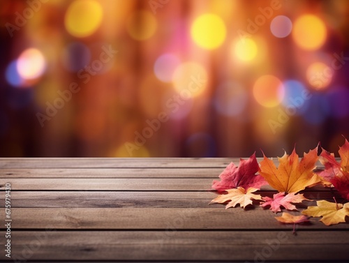 AI Generated autumn maple leaves on wooden plank stand table with glittering bokeh background for Thanksgiving day design concept.