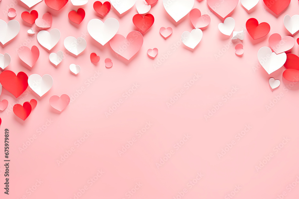 background for valentine with red and pink paper hearts on pink background. Top view. Copy space