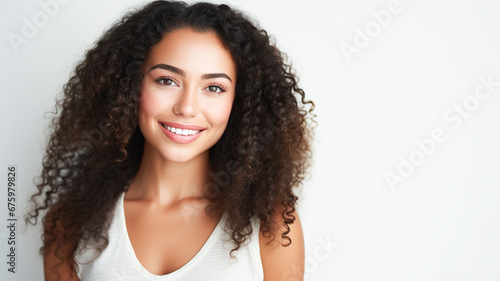 Beautiful young woman portrait. Smiling cute girl with curly hair studio shot, isolated on white background. Copy Space. 