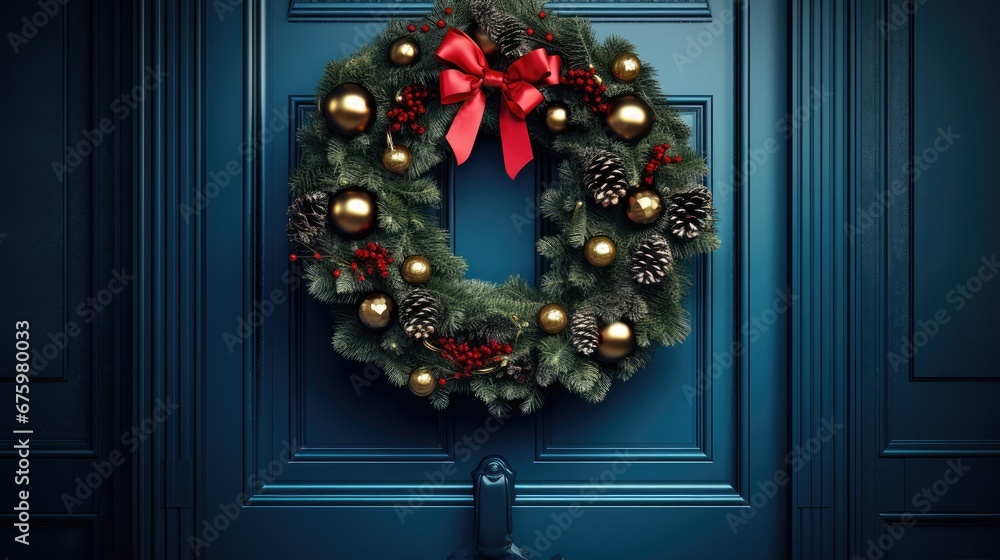  a christmas wreath on a blue door with a red bow and pine cones on the front and side of the wreath.  generative ai