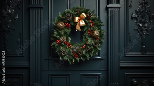  a christmas wreath hanging on the front door of a house with a gold bow and a golden bow on it. generative ai