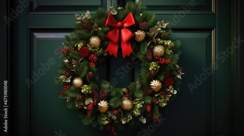  a green door with a wreath and a red bow hanging on the front door of a house with a green door and a red bow on the front door.  generative ai © Shanti