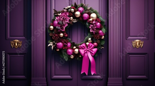 a purple door with a pink ribbon and a purple wreath on the front door of a purple house with a pink bow.  generative ai