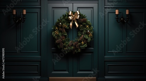  a green door with a wreath on the front and two candles on the side of the door and a gold bow on the front of the door. generative ai