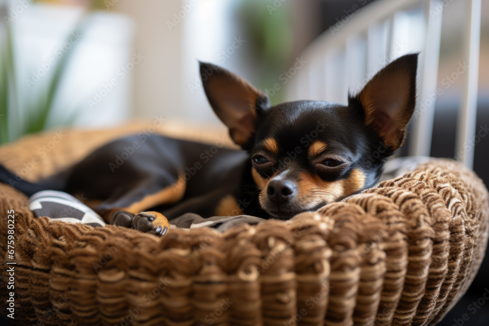Small chihuahua dog resting on pet bed at home