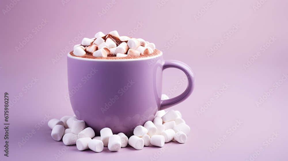 a purple cup filled with marshmallows on top of a purple and white table next to a pile of marshmallows. generative ai a purple cup filled with marshmallows on top of a purple and white table next to a pile of marshmallows. generative ai