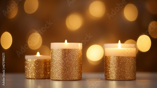 Festive Abstract Silver Red Glitter Background with Candle Lights  Blurred Shiny Celebration