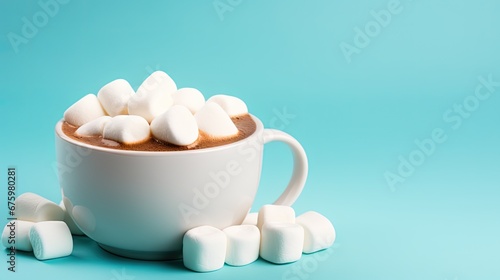  a cup of hot chocolate with marshmallows on a blue background with a few more marshmallows.  generative ai