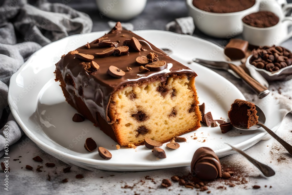 Banana cake in a white dish and choclate Banana cake in a white dish and choclate