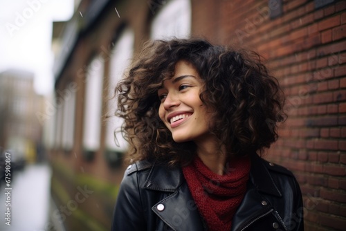 Portrait of beautiful young woman with curly hair in the city street. © Nerea