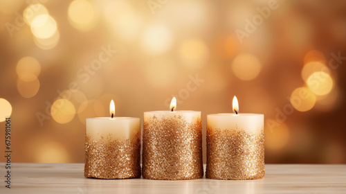 Festive Abstract Silver Red Glitter Background with Candle Lights: Blurred Shiny Celebration