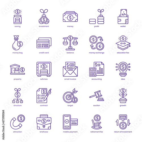 Saving and Investment icon pack for your website design, logo, app, and user interface. Saving and Investment icon basic line gradient design. Vector graphics illustration and editable stroke.