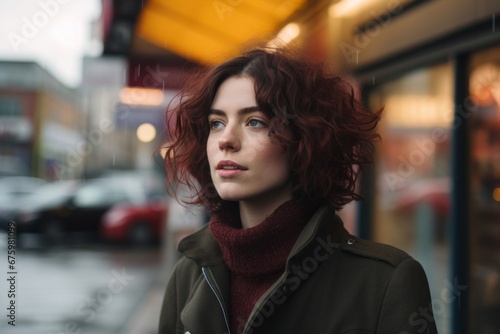 Portrait of a beautiful young woman with curly red hair in the city.