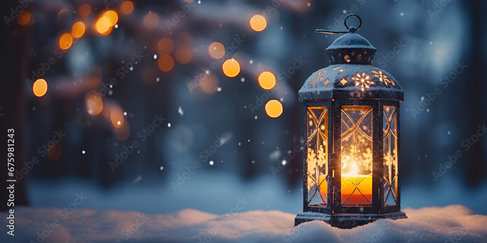Lantern, snowfall, christmas decorationsai generated Christmas background, Christmas candle lantern in snowfall against blurred forest background. Christmas lantern, generative AI - obrazy, fototapety, plakaty 