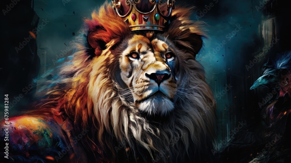  a painting of a lion with a crown on it's head, in a dark, foggy background.  