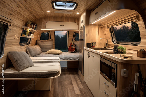 Tourist camper interior. Luxurious motorhome with kitchen and sofas. photo
