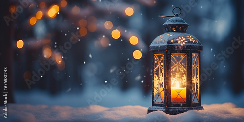 Lantern, snowfall, christmas decorationsai generated Christmas background, Christmas candle lantern in snowfall against blurred forest background. Christmas lantern, generative AI photo