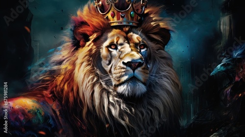  a painting of a lion with a crown on it s head  in a dark  foggy background.  
