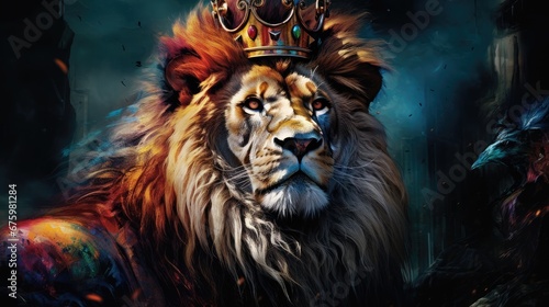  a painting of a lion with a crown on it's head, in a dark, foggy background.  