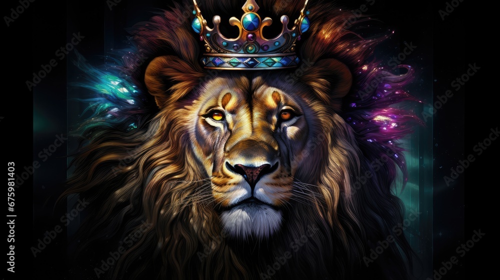 a painting of a lion with a crown on top of it's head and a black background behind it.  