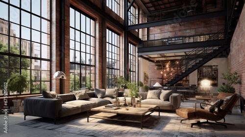 Living room loft in industrial style ,3d render