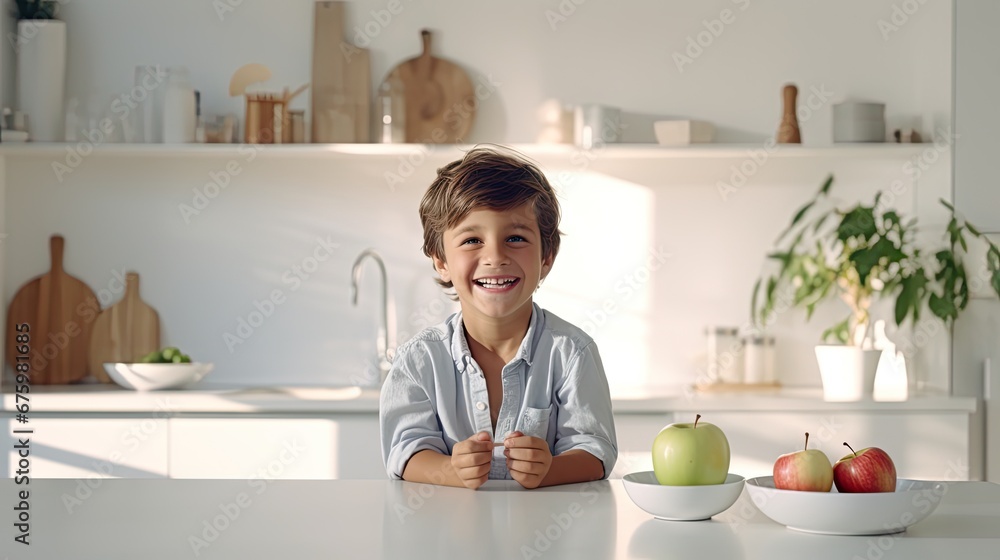  a young boy sitting at a table with two bowls of apples and an apple in front of him with a smile on his face.  
