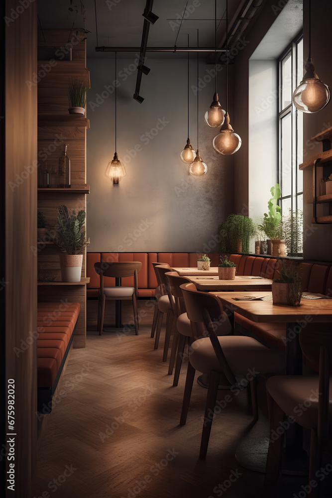 Interior of small cozy restaurant. Comfortable modern dining place
