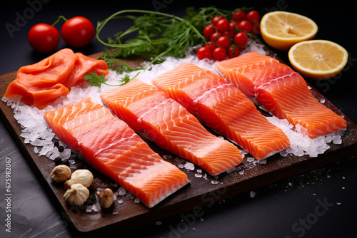 Pieces of red salmon or sockeye salmon or coho salmon. Salted fish with spices and lemon on a cutting board. photo