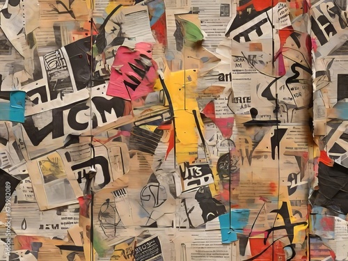 collage de recortes de periódicos o revistas, fondo grunge colorido con graffiti photo