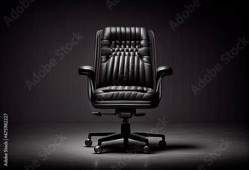 Photorealistic leather black office chair or armchair on a black background. AI generative.