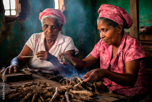 Cuban women make cigars. Factory for the production of tobacco products. photo